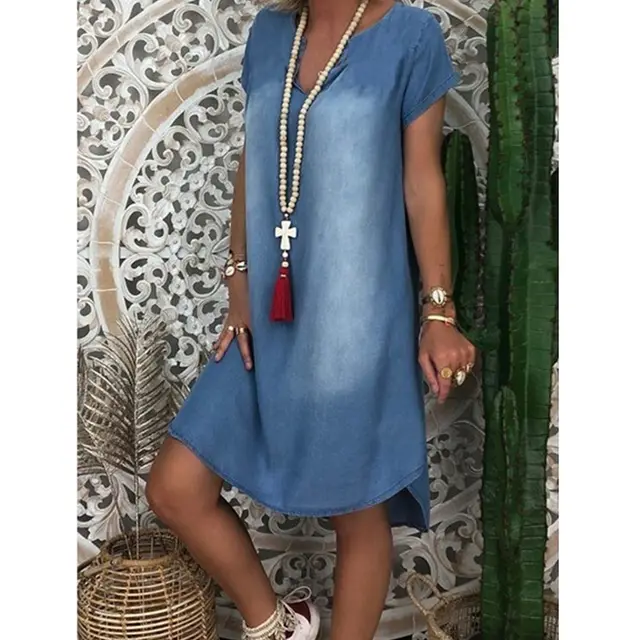 Hem Short Sleeve Multi-color Multi-size Denim Dress - Light Blue