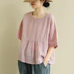Short Sleeve Loose Round Neck Imitation Cotton And Linen Top - Pink