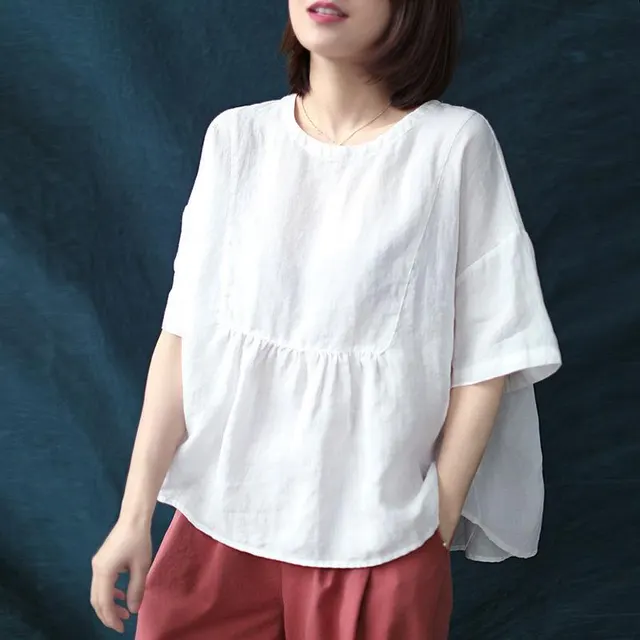 Short Sleeve Loose Round Neck Imitation Cotton And Linen Top White - Shop at LoveMi