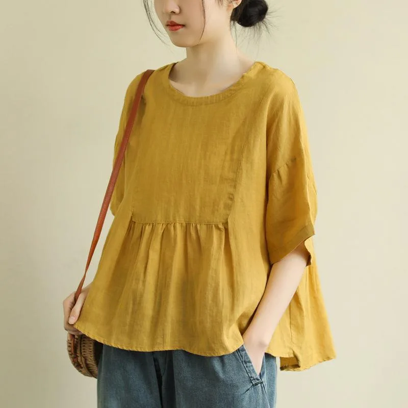 Short Sleeve Loose Round Neck Imitation Cotton And Linen Top - Yellow