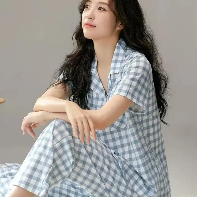 Women's Summer Cotton Short sleeved Japanese Style Plaid Loose fit Plus Size Outfit Suit Light Blue - Shop at LoveMi