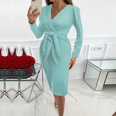 Long Sleeve Pullover Dress V neck Zipper Solid Color Sky Blue - Shop at LoveMi