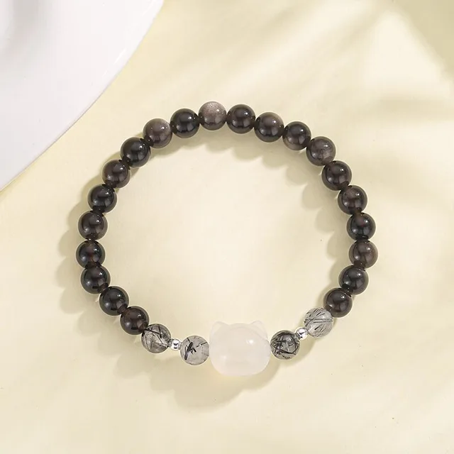 Natural Silver Stone Cat Crystal Couple Bracelet Sl311 White Agate Cat - Shop at LoveMi