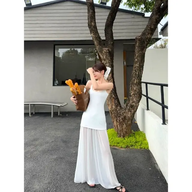 Design Mesh Stitching Suspenders Dress White - Shop at LoveMi