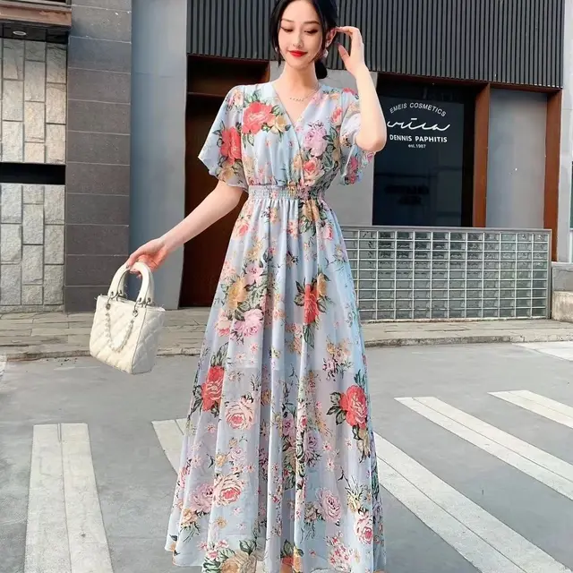 V neck Mori Style Slim Fairy Floral Dress Lake Blue - Shop at LoveMi