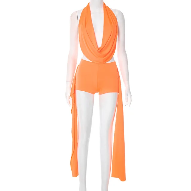 Women's Spring And Summer Halter Stacked Top Ribbon Knot Suit Orange - Shop at LoveMi