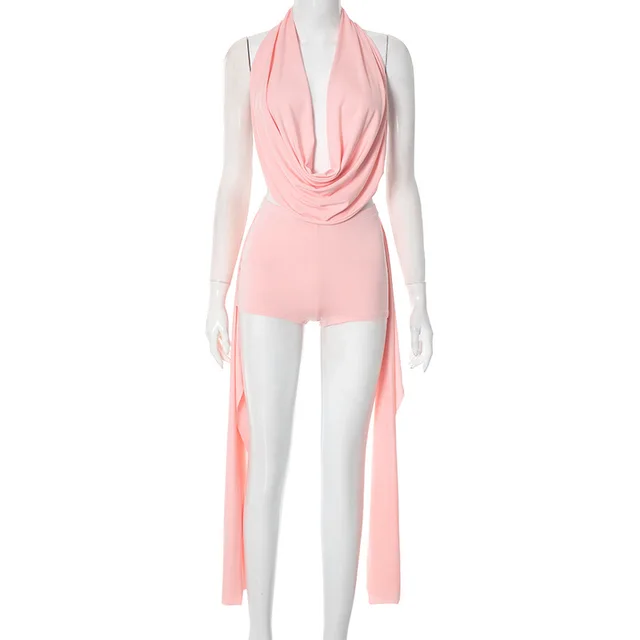 Women's Spring And Summer Halter Stacked Top Ribbon Knot Suit Pink - Shop at LoveMi