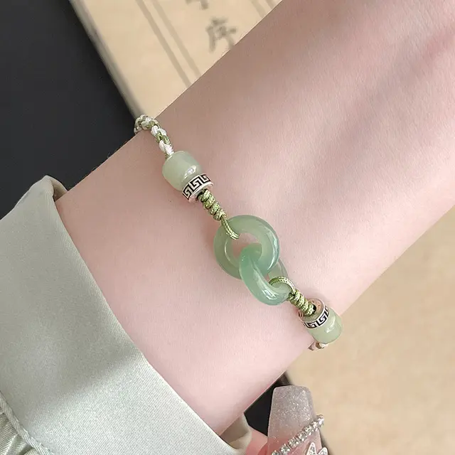 Jade Buckle Weaving Ethnic Style Peace Buckle Double Ring Original Design Bracelet For Women Green - Shop at LoveMi