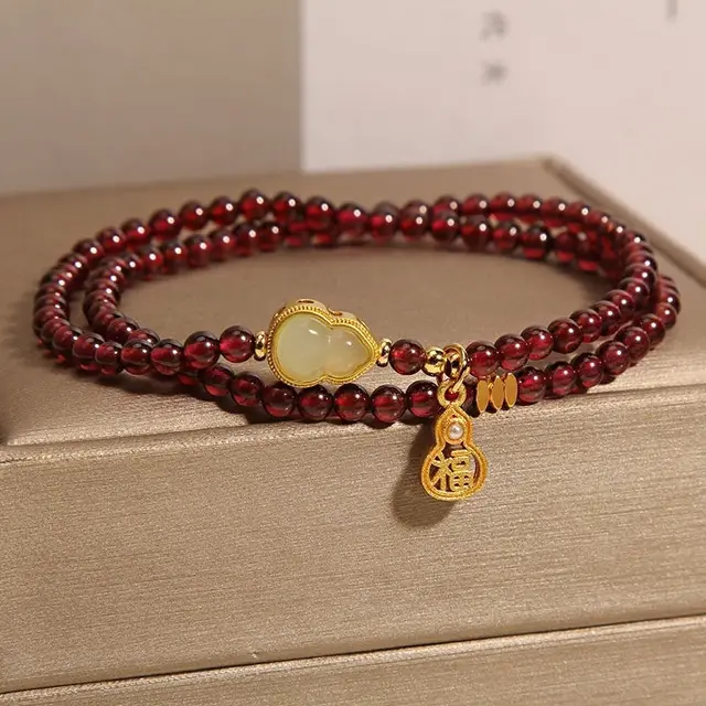 Brewed Red Garnet Bracelet For Girls Double Garnet Fu Lu - Shop at LoveMi
