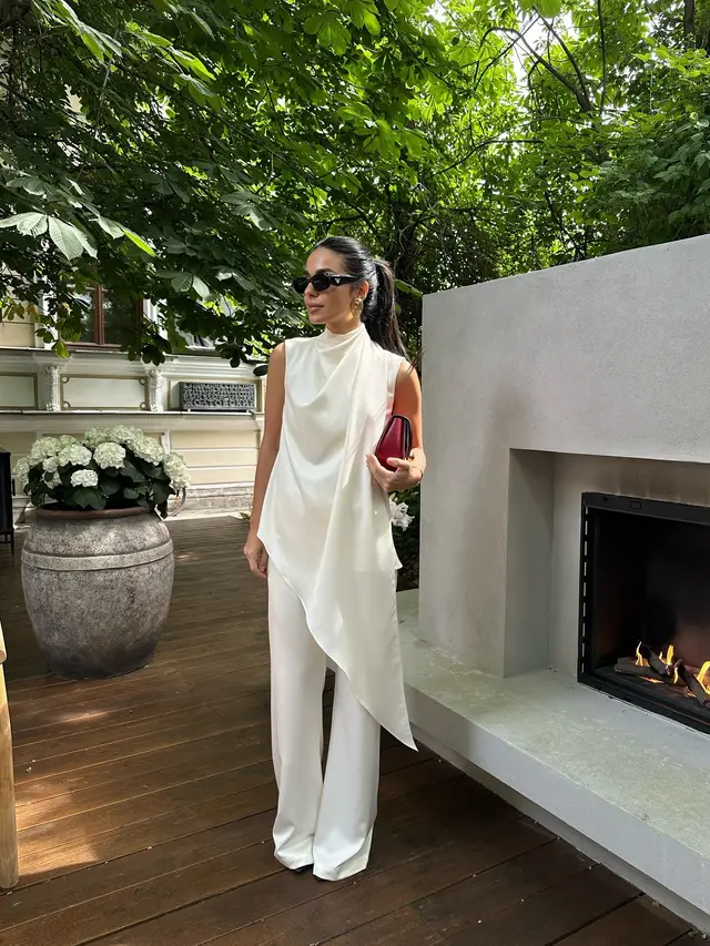 Sleeveless Satin Irregular Hem Half Collar Top Trousers Suit Beige - Shop at LoveMi