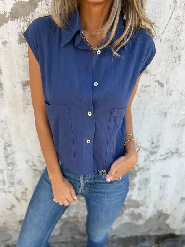 Casual Loose Short Sleeves Button Pocket Cotton Linen Shirt Women Navy Blue - Shop at LoveMi