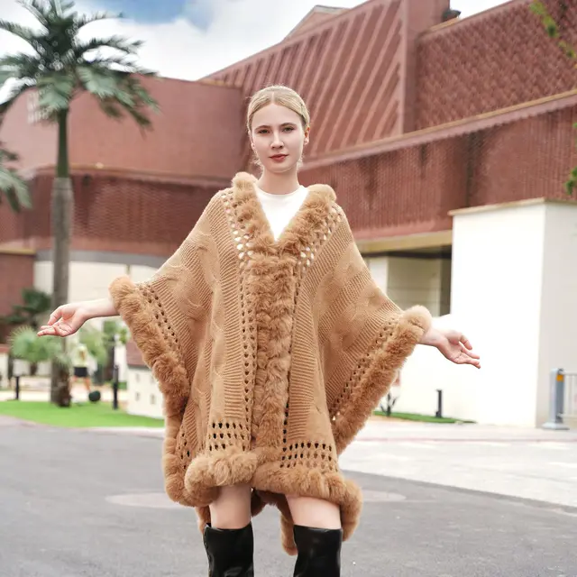 Autumn And Winter New Knitted Hollow out Wool Cloak Extended Artificial Wool Cardigan Coat Camel - Shop at LoveMi
