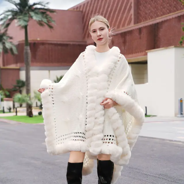 Autumn And Winter New Knitted Hollow out Wool Cloak Extended Artificial Wool Cardigan Coat White - Shop at LoveMi