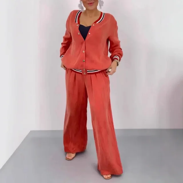 Round Neck Stitching Cardigan Top Wide Leg Pants Casual Women's Suit Red - Shop at LoveMi