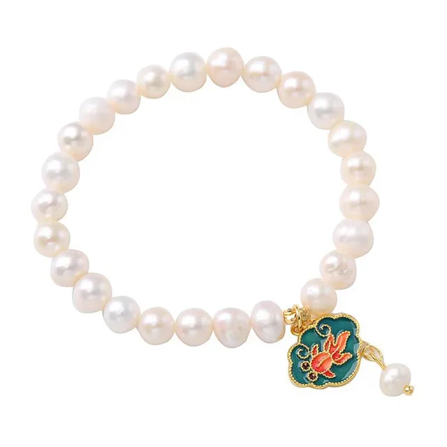 Natural Freshwater Pearl Lotus Goldfish Pendant Vintage Minimalist Baroque Bracelet White - Shop at LoveMi