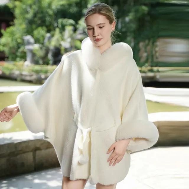 New Plus Size Thick Fur Collar All match Cloak Coat White - Shop at LoveMi