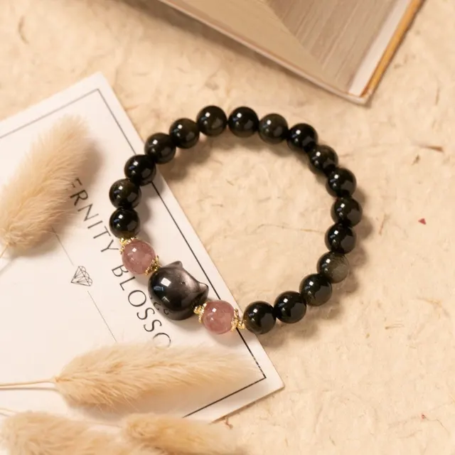 Single Circle Natural Obsidian 8mm With Kitty Accessories Bracelet Black - Shop at LoveMi