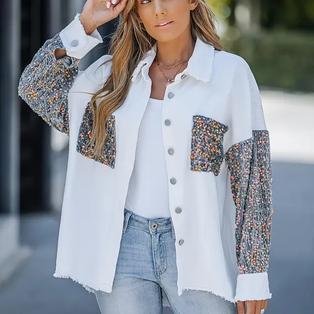 Women'S Long Sleeved Denim Jacket With Sequin Patchwork White - Shop at LoveMi