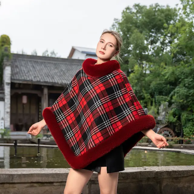 Elegant Autumn And Winter Warm Cloak Fleece lined Thickened Fur Shawl Wine Red - Shop at LoveMi