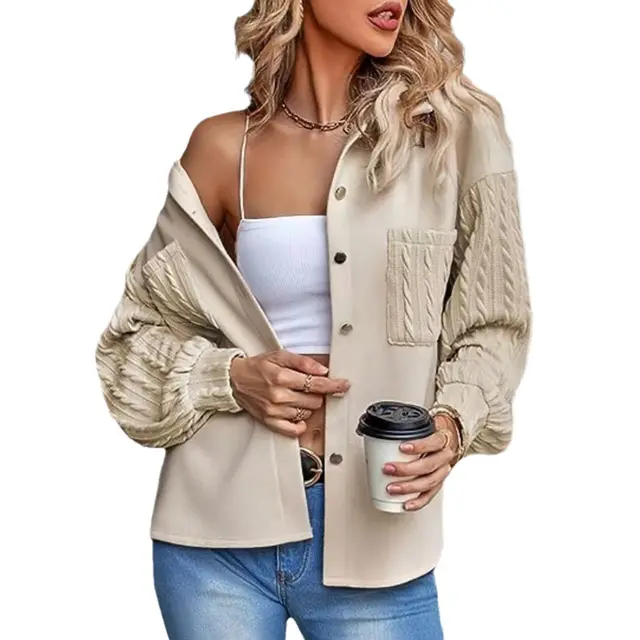 Loose Jacket Long Sleeve Knitted Patchwork Button Coat Apricot - Shop at LoveMi