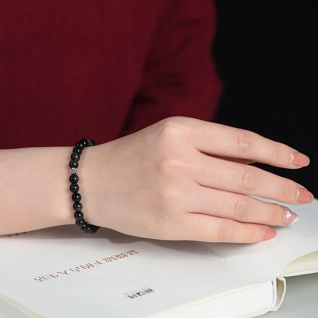 Natural Obsidian Bracelet With S925 Silver Small Flower Accessories 6Mm - Shop at LoveMi