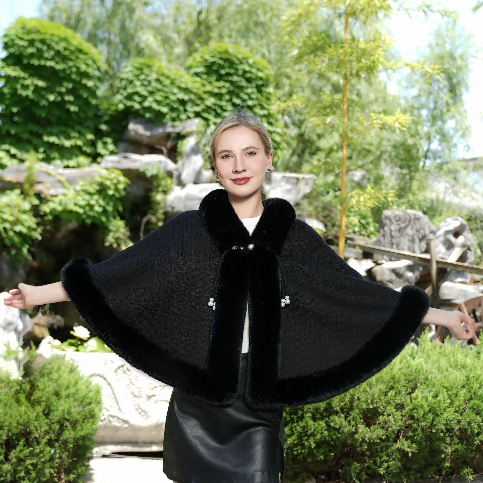 Autumn And Winter New Girl Versatile Cape And Shawl - Black