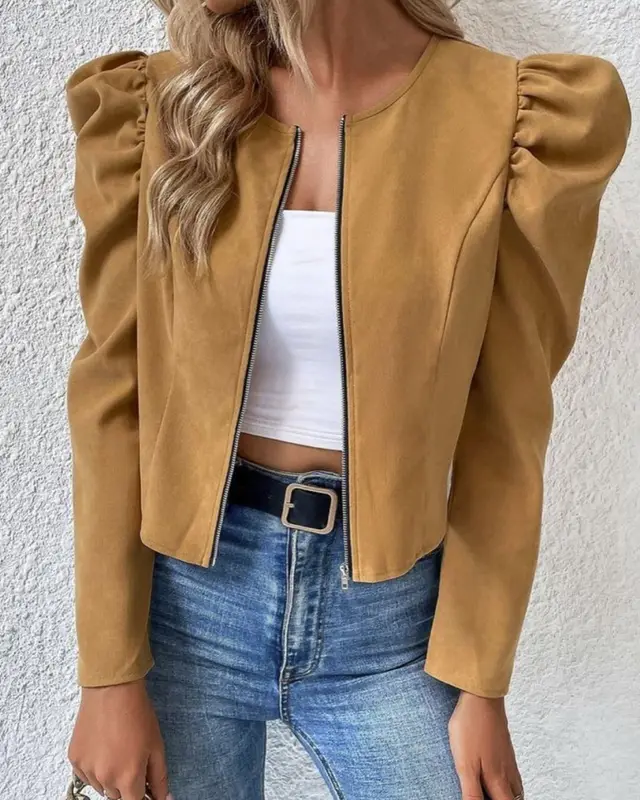 Round Neck Cardigan Zipper Bubble Long Sleeve Coat Women's Clothing Camel - Shop at LoveMi