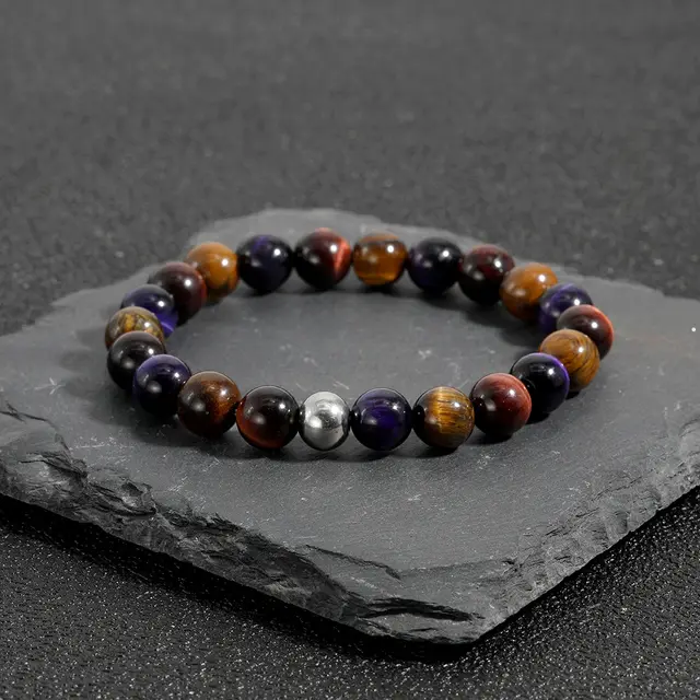 Simple Elastic Natural Stone Tiger eye Bracelet Yellow Purple Red - Shop at LoveMi