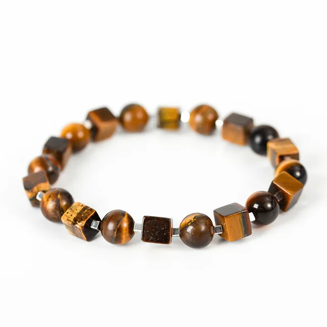 Crystal Stone Cut Cube Simple Handmade Stretch Golden Balls Bracelet Tigereye - Shop at LoveMi