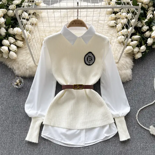 Loose Long Sleeves Shirt Knitted Vest High grade Light Luxury Socialite Suit Apricot - Shop at LoveMi