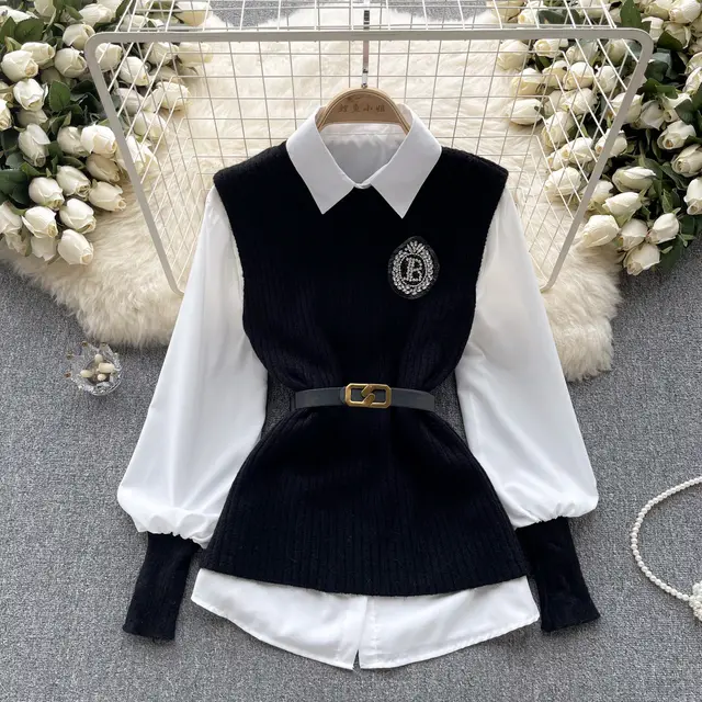 Loose Long Sleeves Shirt Knitted Vest High grade Light Luxury Socialite Suit Black - Shop at LoveMi