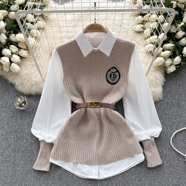 Loose Long Sleeves Shirt Knitted Vest High grade Light Luxury Socialite Suit Khaki - Shop at LoveMi