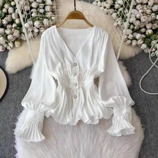 Temperament V neck Long Sleeve Top Young French Minority White - Shop at LoveMi