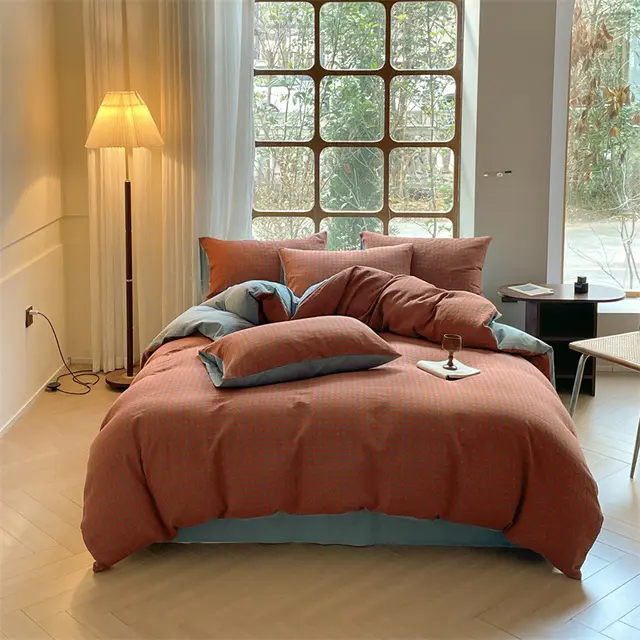 Houndstooth Cotton Double layer Yarn Four piece Set Single Fitted Sheet Quilt Cover Orange - Shop at LoveMi