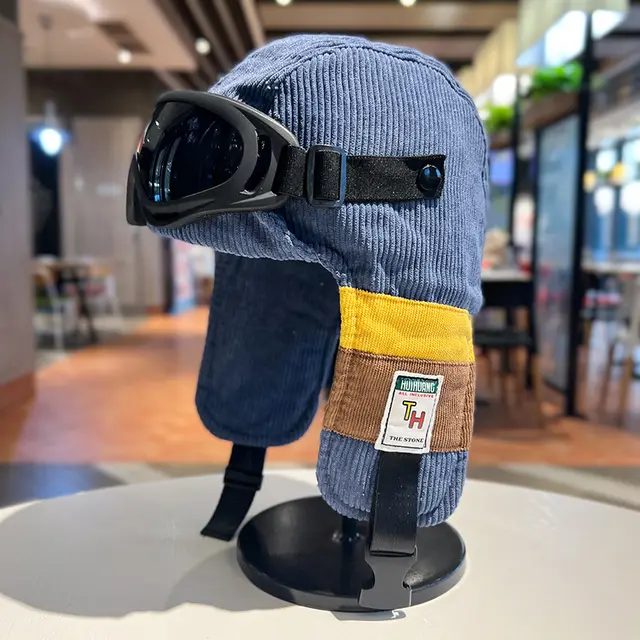 Pilot Hat Corduroy Warm Ear Protection Ushanka Blue Hat Sunglasses - Shop at LoveMi