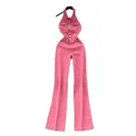 Single-breasted High Waist Slimming Slim Fit Backless Denim Jumpsuit - Pink