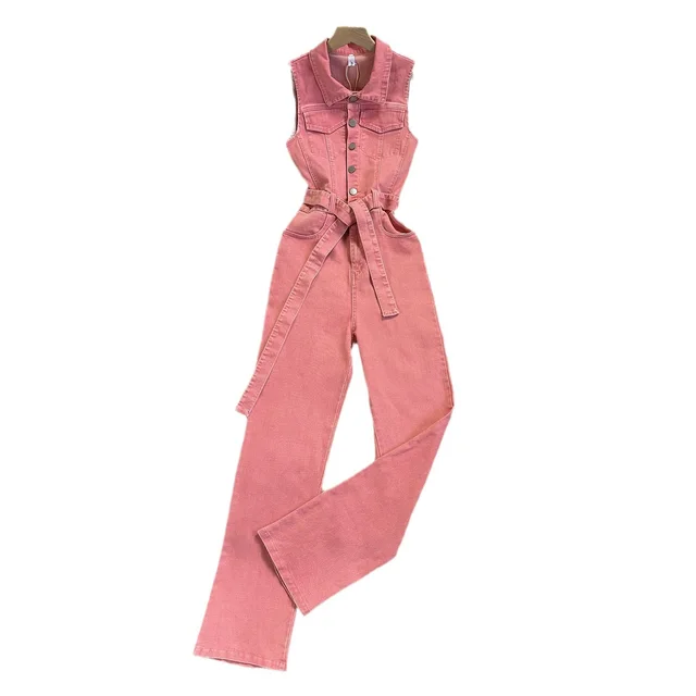 Lace up Waist controlled Slim Lapel Metal Buckle Jeans Jumpsuit Pink - Shop at LoveMi