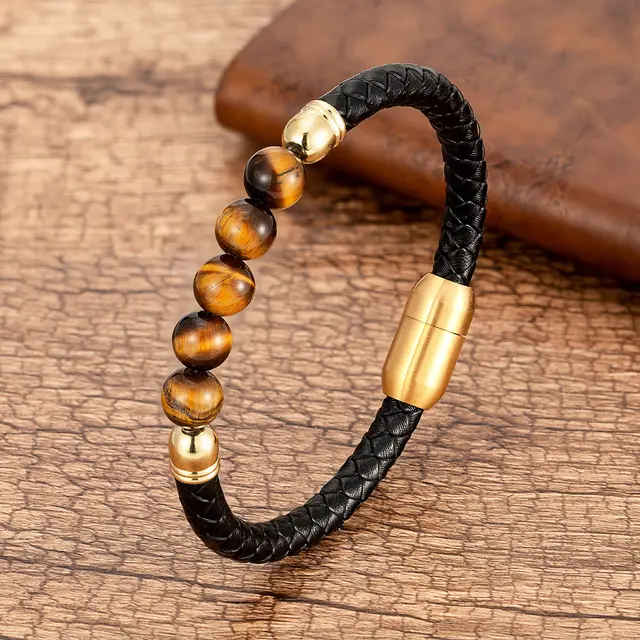 Fashion Stone Beaded Vintage Weave Leather Cord Bracelet Gold 9 - Shop at LoveMi