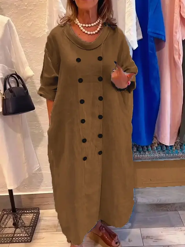 Solid Color Holiday Leisure Button Artistic Style Fashion Cotton And Linen Dress Khaki - Shop at LoveMi
