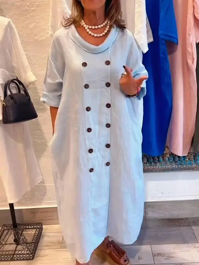Solid Color Holiday Leisure Button Artistic Style Fashion Cotton And Linen Dress - Light Blue
