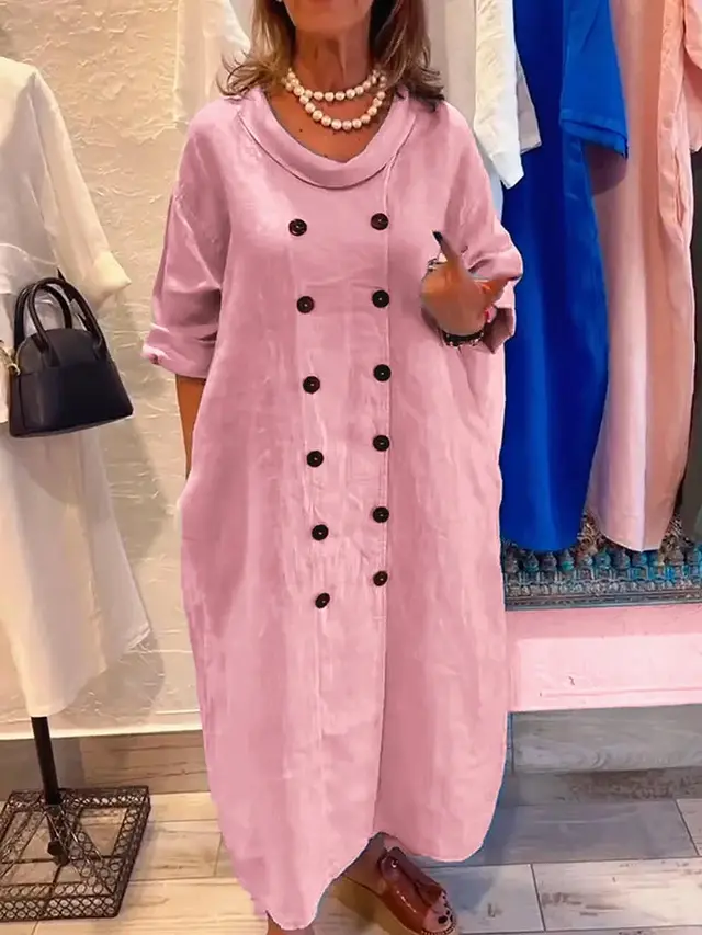 Solid Color Holiday Leisure Button Artistic Style Fashion Cotton And Linen Dress Pink - Shop at LoveMi
