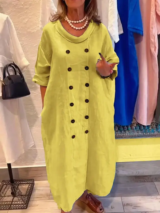 Solid Color Holiday Leisure Button Artistic Style Fashion Cotton And Linen Dress Yellow - Shop at LoveMi