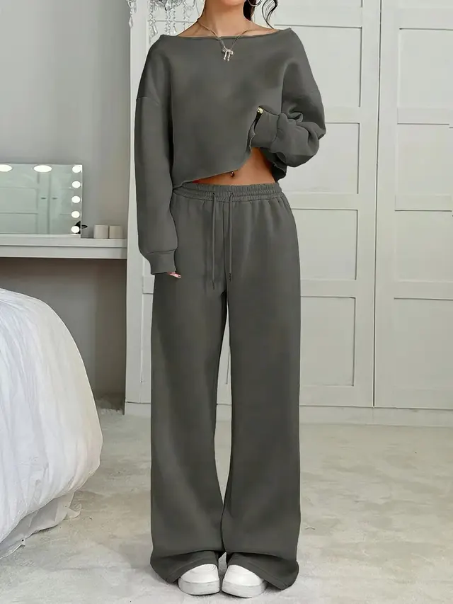 Autumn And Winter Casual Loose Round Neck Long sleeved Sweater Trousers Suit Gray - Shop at LoveMi