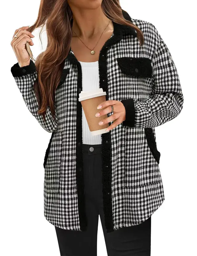 Contrast Color Plaid Jacket Casual Polo Collar Velvet Coat Black - Shop at LoveMi