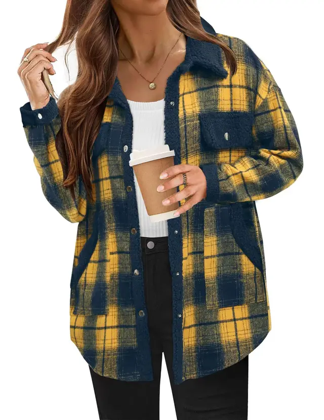 Contrast Color Plaid Jacket Casual Polo Collar Velvet Coat Dark Yellow - Shop at LoveMi