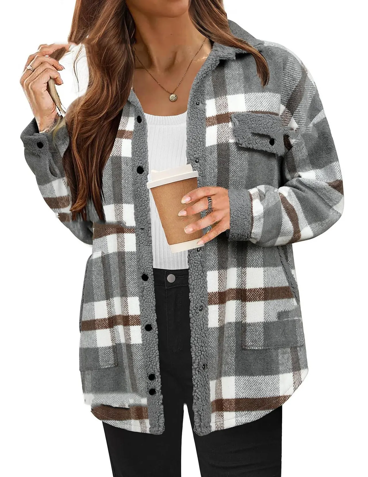 Contrast Color Plaid Jacket Casual Polo Collar Velvet Coat - Gray