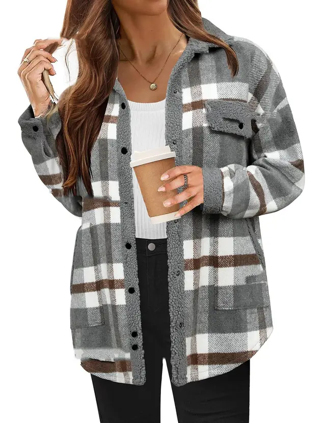 Contrast Color Plaid Jacket Casual Polo Collar Velvet Coat Gray - Shop at LoveMi