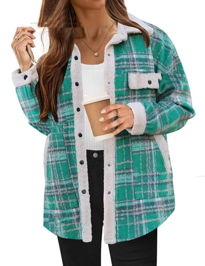 Contrast Color Plaid Jacket Casual Polo Collar Velvet Coat Green - Shop at LoveMi