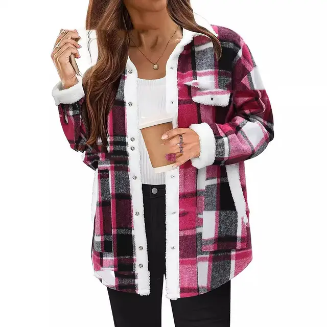 Contrast Color Plaid Jacket Casual Polo Collar Velvet Coat Red - Shop at LoveMi