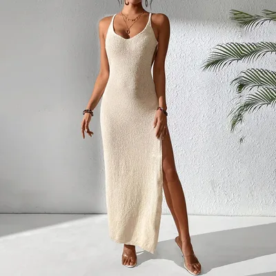 Sexy Cutout Slim Fit Slit Spaghetti Straps Knitted Beach Dress Apricot - Shop at LoveMi